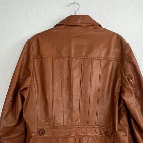 Vintage 70s Pampas Orange/Brown Leather Jacket Size 40 Button Up Mens Duster